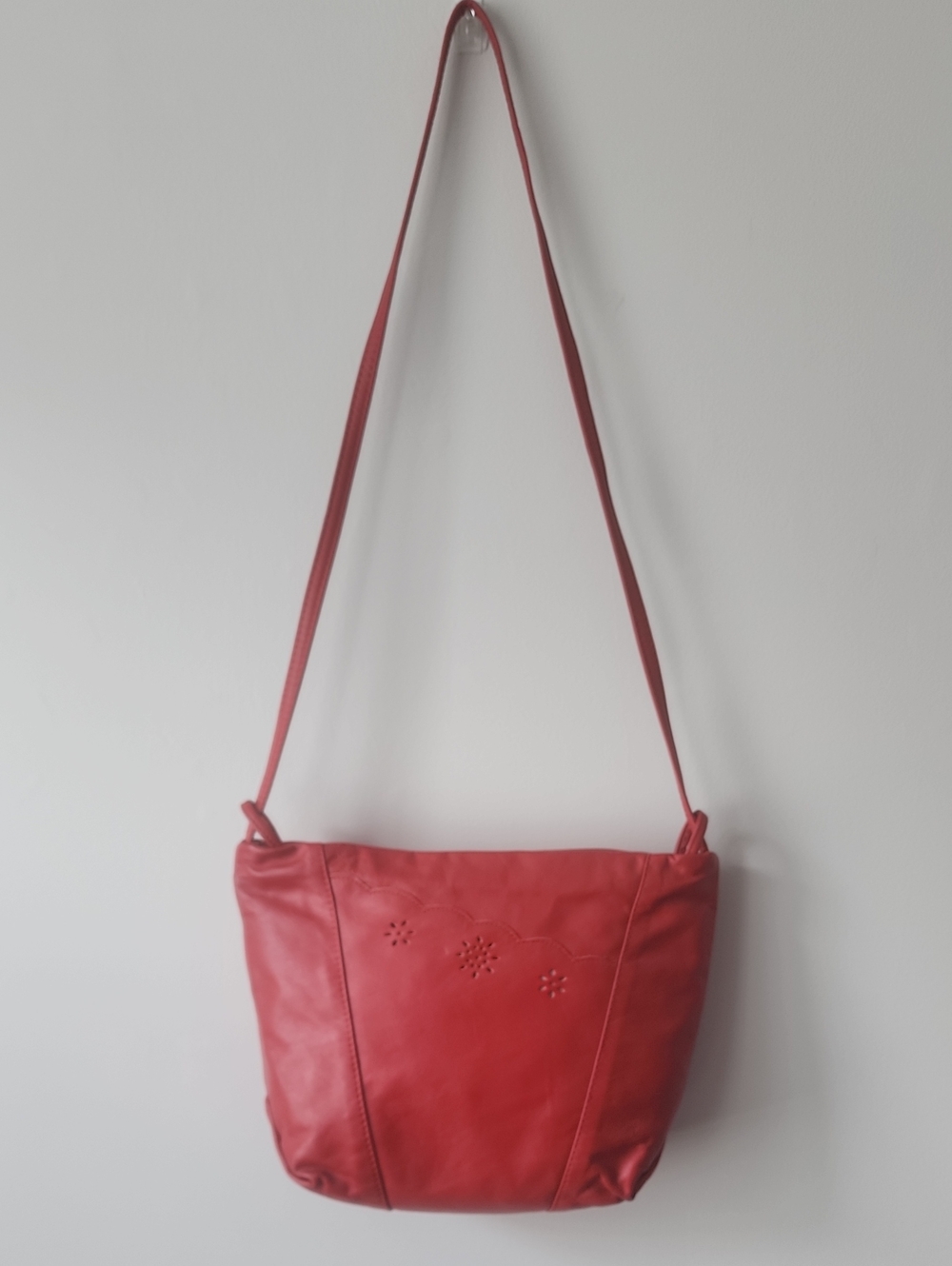 Red Floral-Accent Leather Shoulder Bag for Women